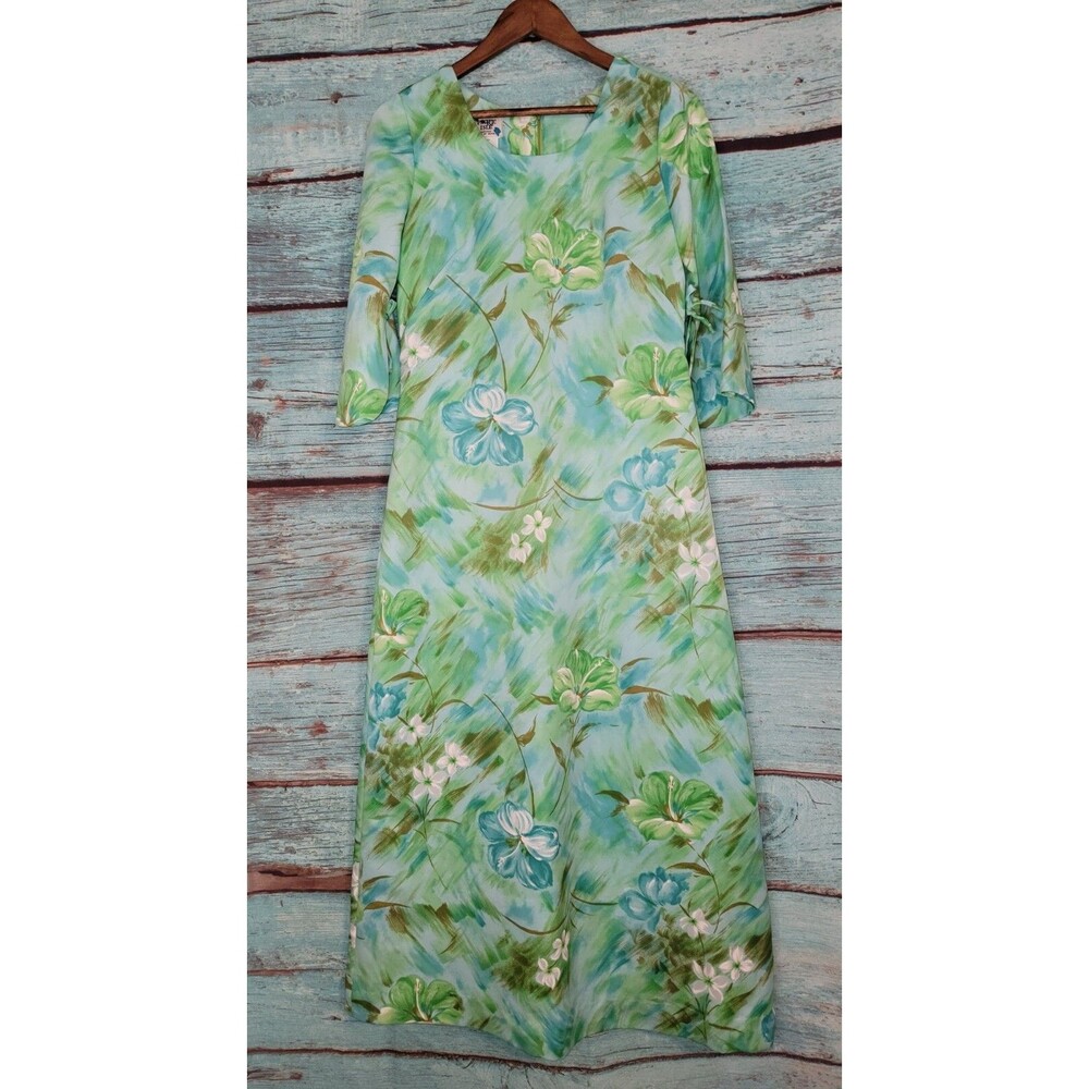 Vintage Pacific Isle Women's Maxi Dress Blue Floral Hawaiian Flared Sleeve